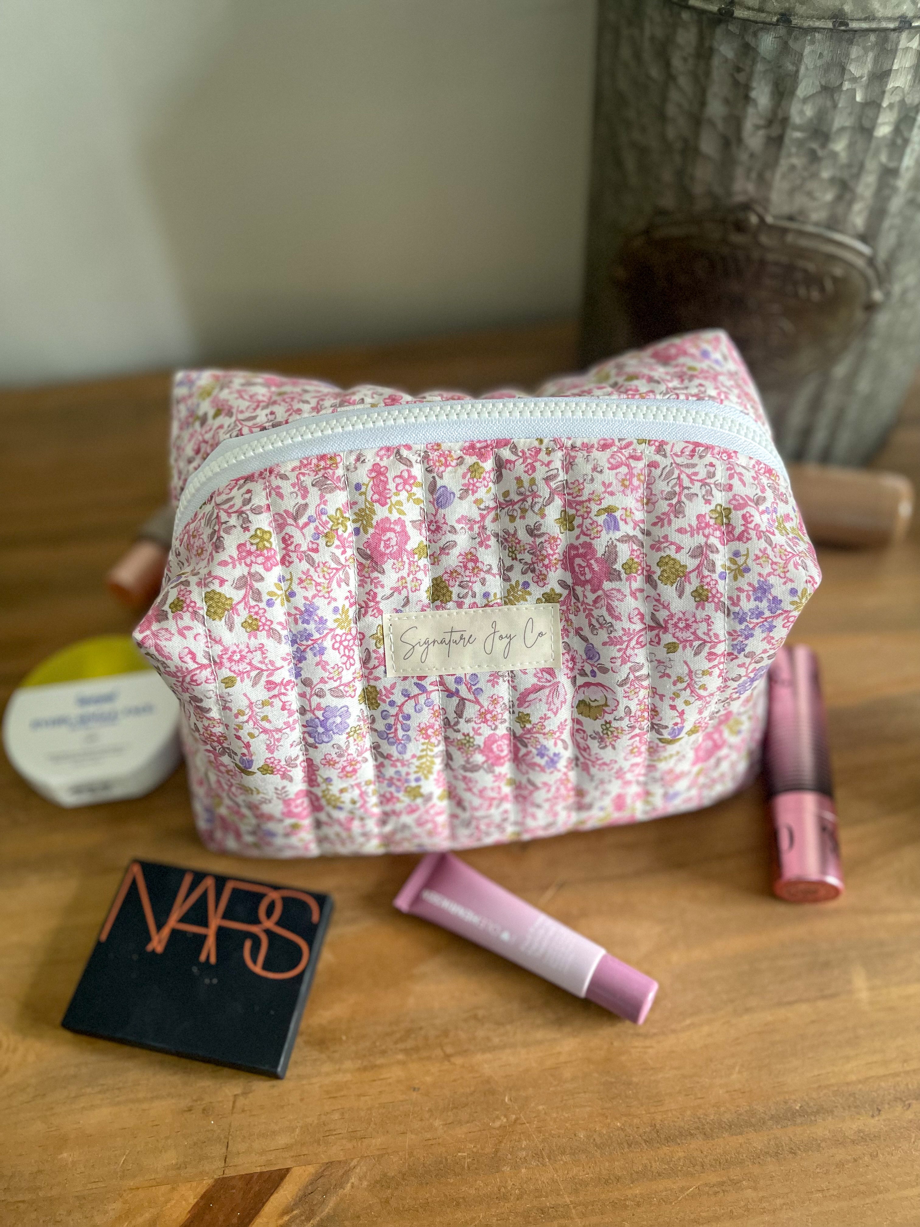 Pink Garden Party Quilted Makeup Pouch | Signature Joy Co