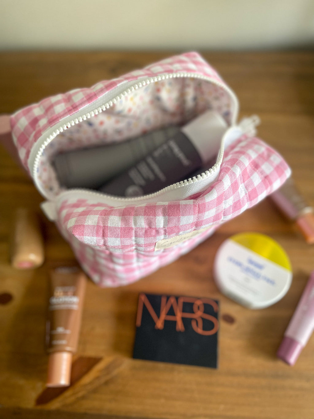 Blush Petal Picnic Quilted Makeup Pouch