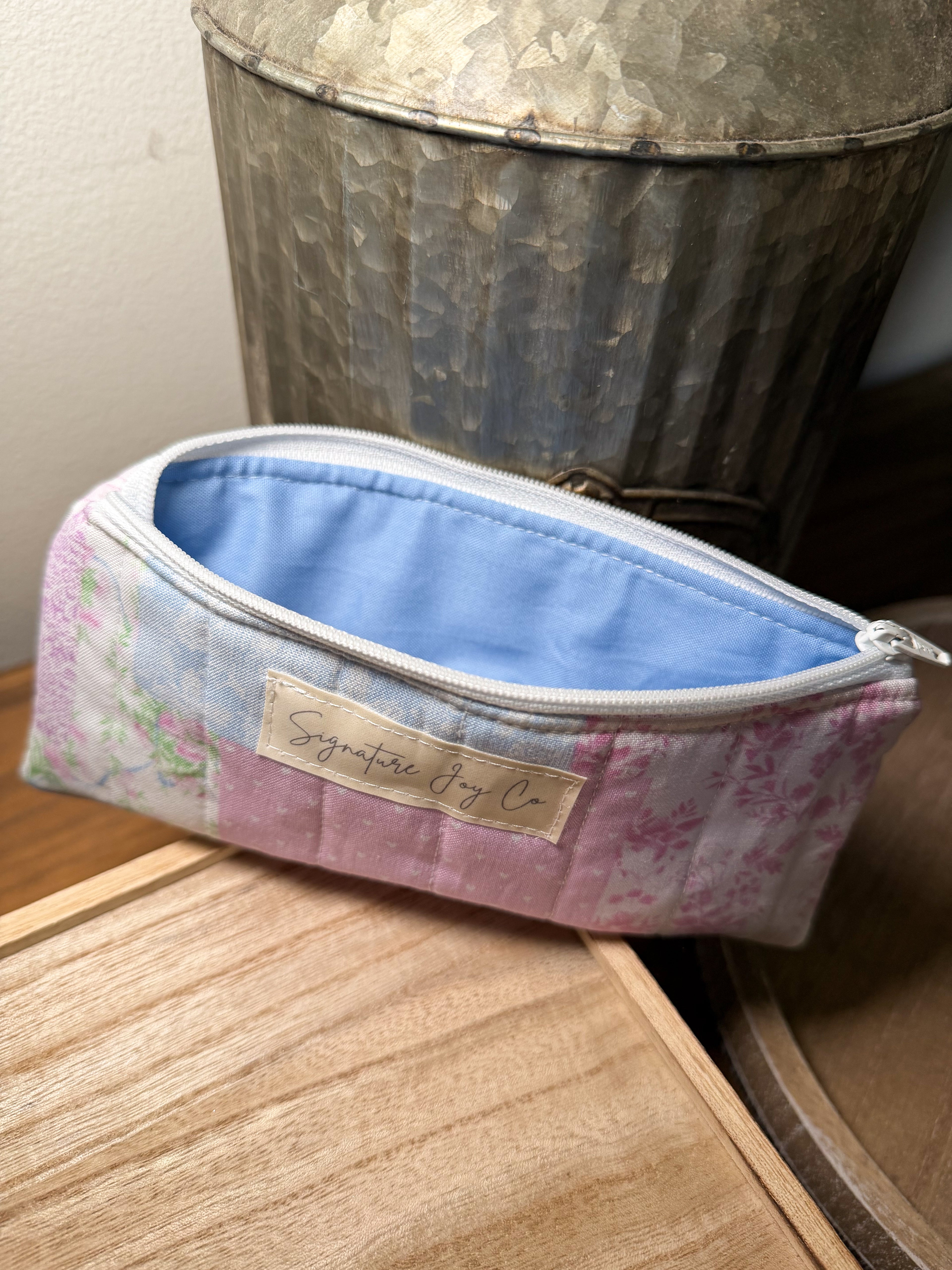 Pink Cottage Quilt Pencil + Glasses Case