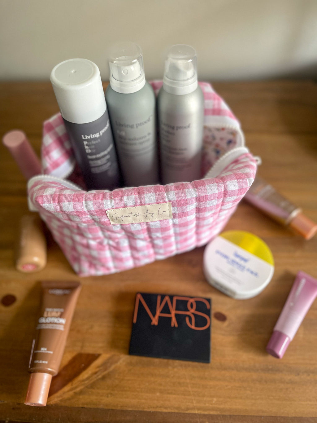 Blush Petal Picnic Quilted Makeup Pouch