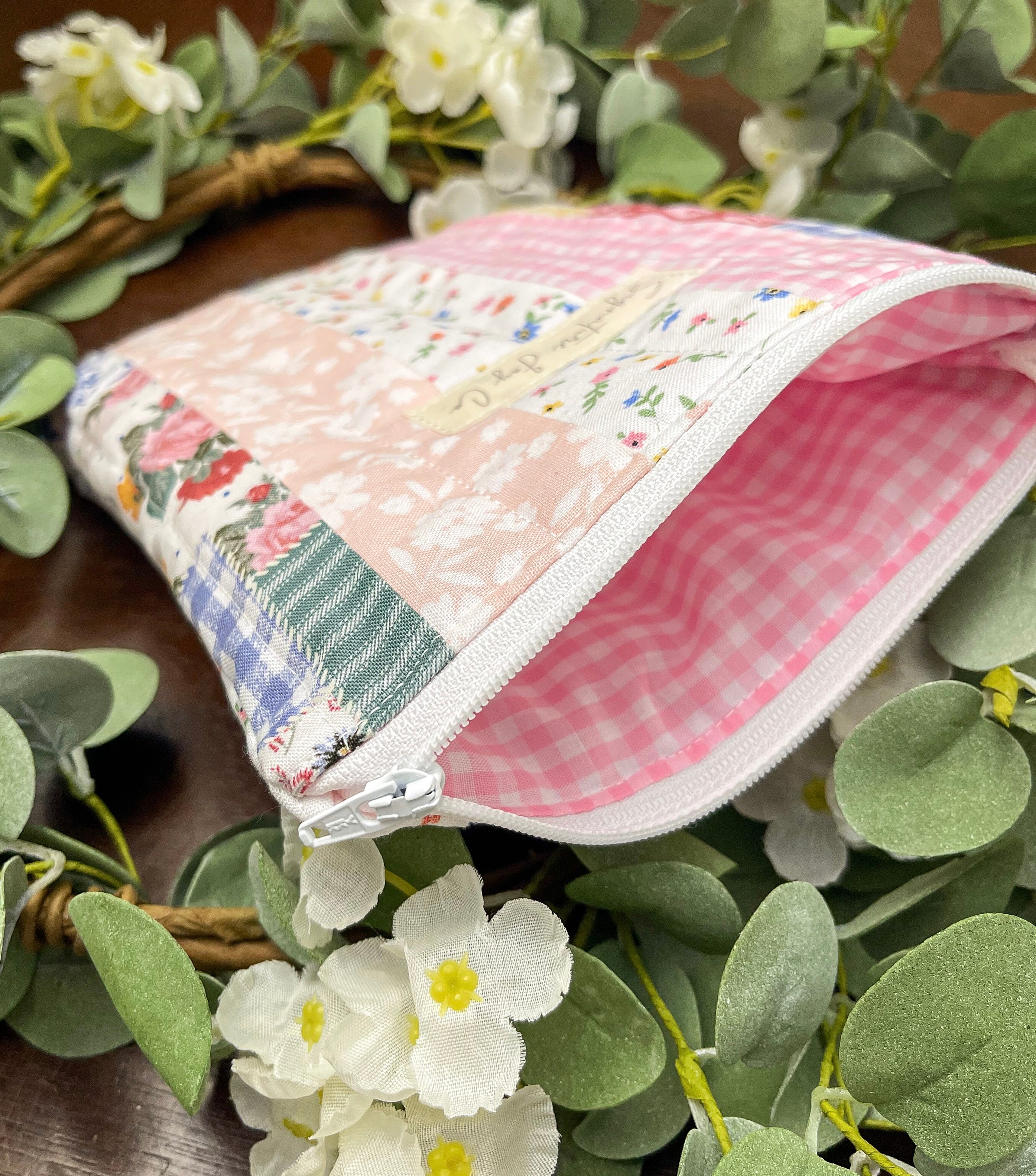One of a Kind Patchwork Kindle Sleeve | Quilted Zipper Pouch | Pink Garden Cottage