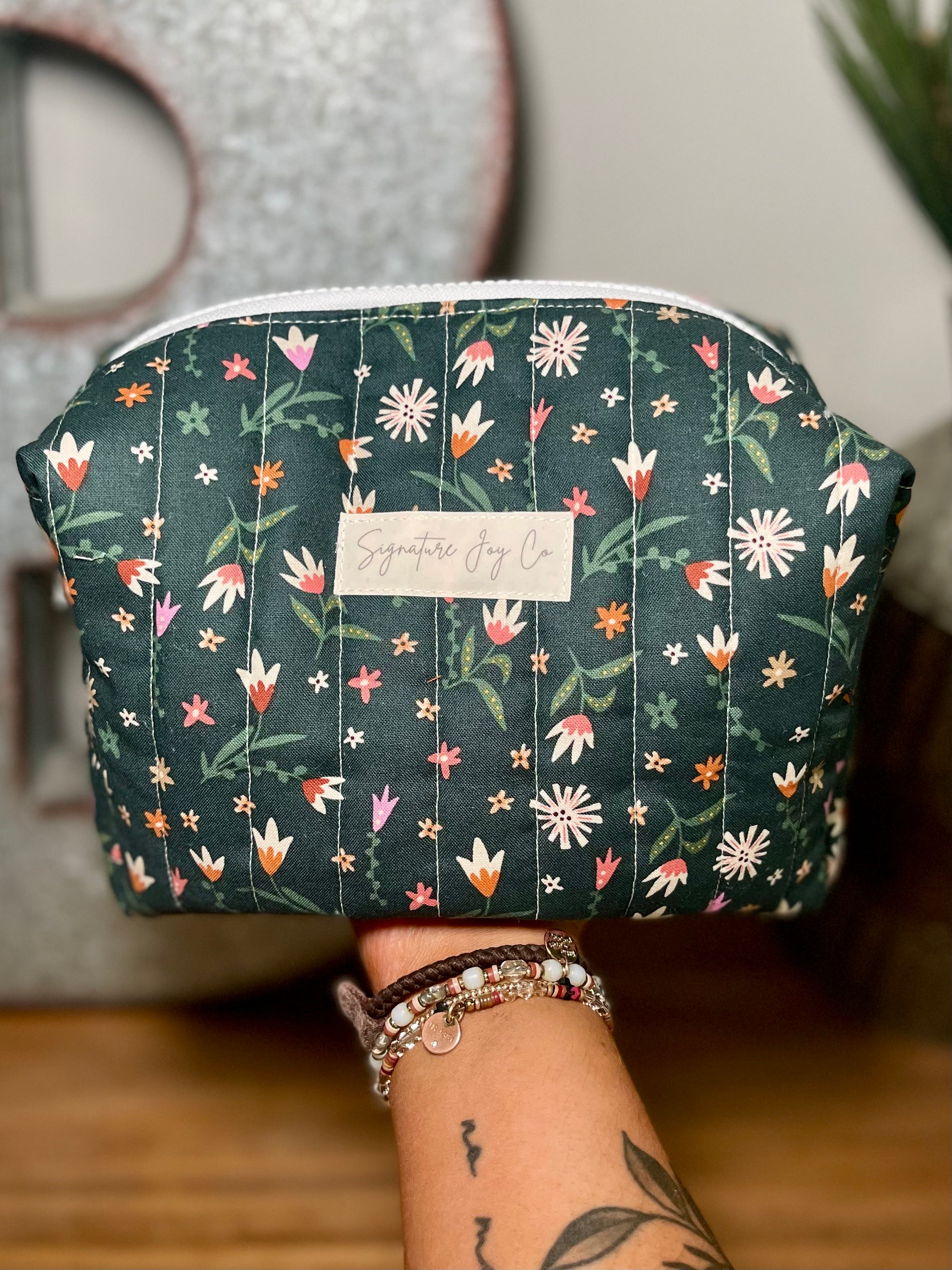 Evergreen Meadow Quilted Makeup Bag | Signature Makeup Pouch