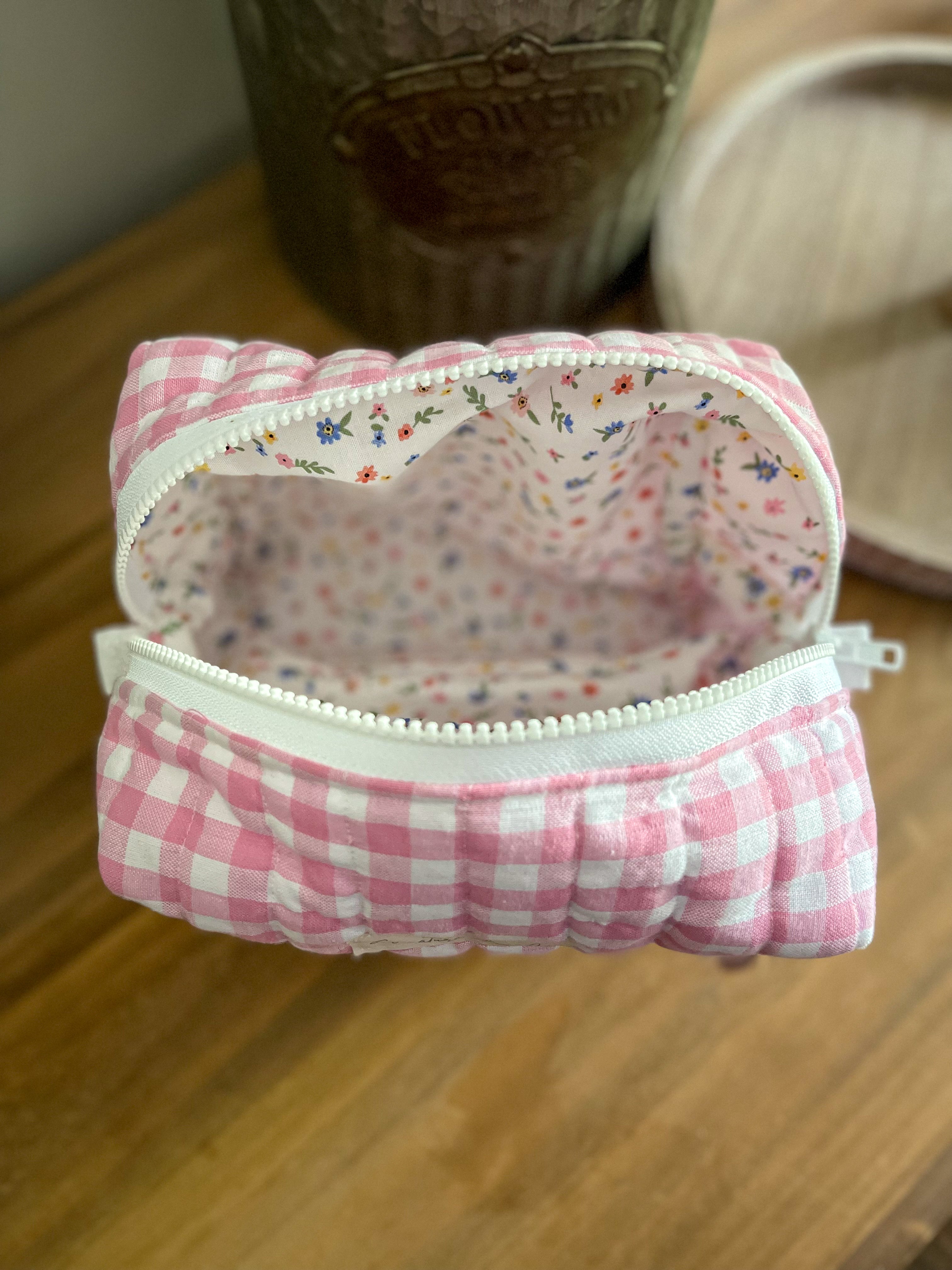 Blush Petal Picnic Quilted Makeup Pouch