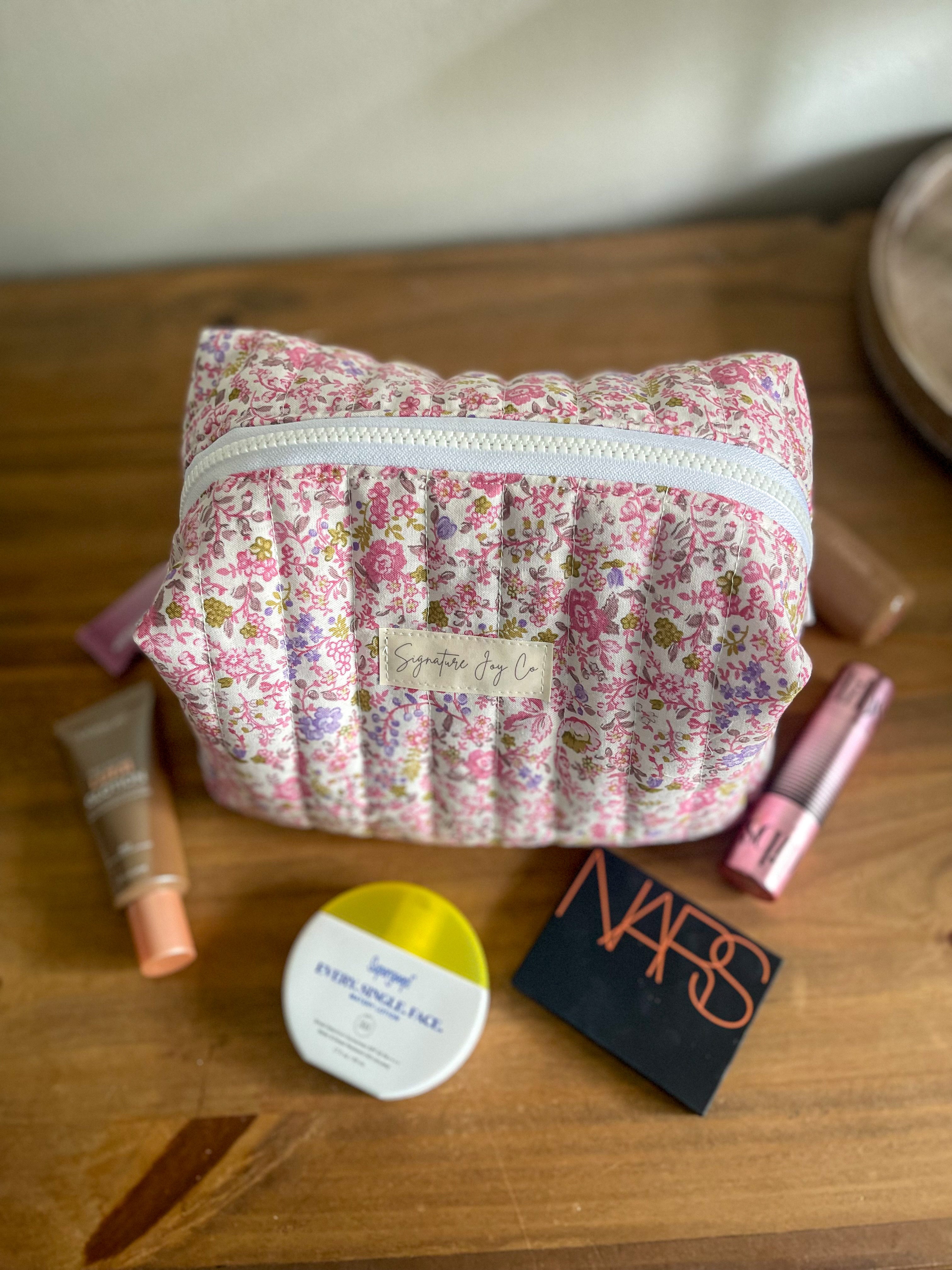 Pink Garden Party Quilted Makeup Pouch | Signature Joy Co