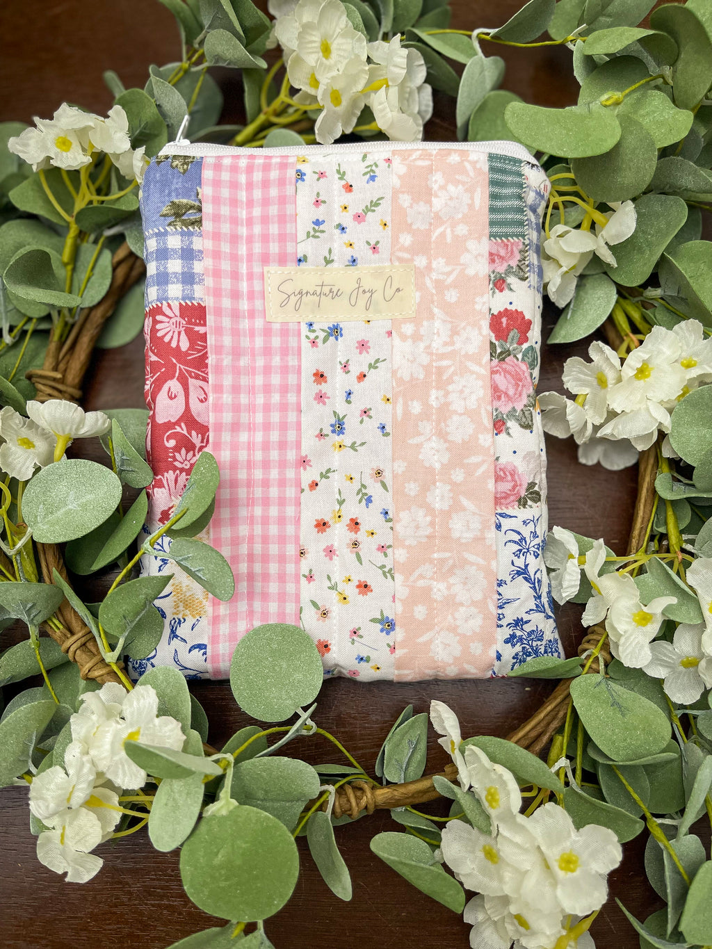 One of a Kind Patchwork Kindle Sleeve | Quilted Zipper Pouch | Pink Garden Cottage