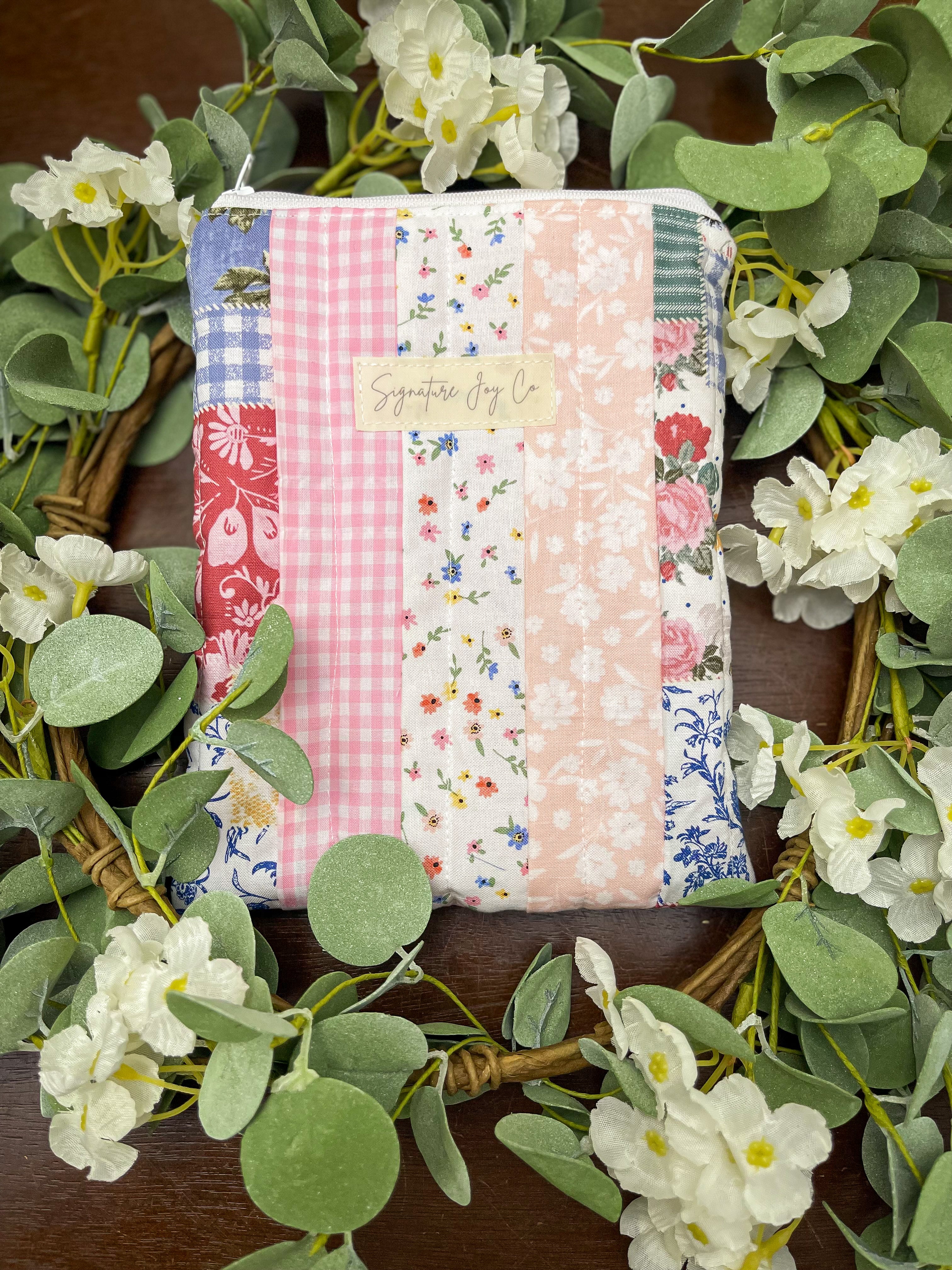 One of a Kind Patchwork Kindle Sleeve | Quilted Zipper Pouch | Pink Garden Cottage